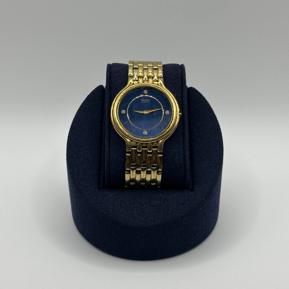 Vintage Seiko Gold Tone 7N00-7A29 Wrist Watch Blue Dial Quartz